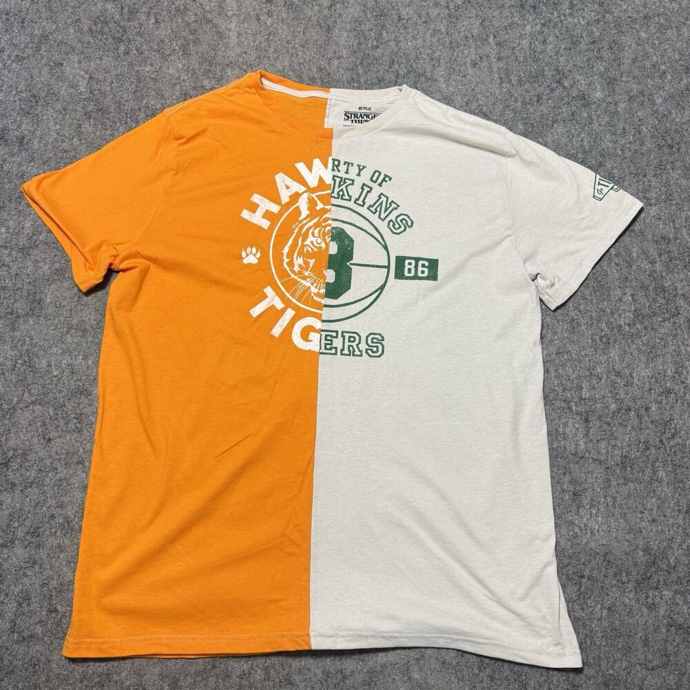 Stranger Things Shirt Mens 2XL Hawkins Tigers Split Orange White Netflix Graphic